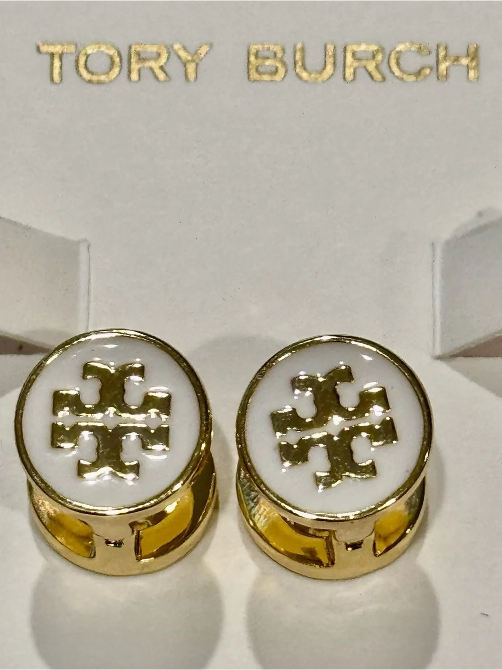 NWT Tory Burch Reversible Gold Tone Double T Logo Pavé & White Enamel Huggie